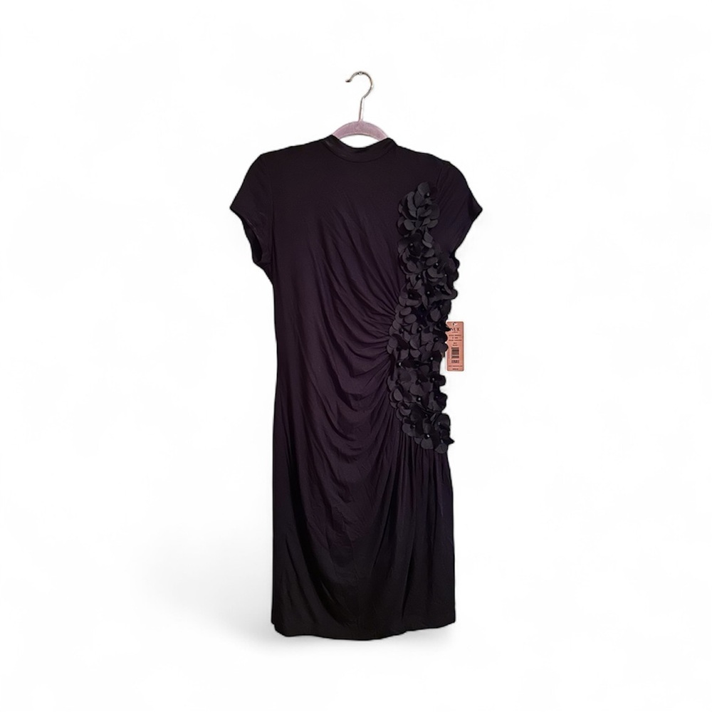 Nue by Shani Black Ruched Midi Dress with Floral Details (NWT)